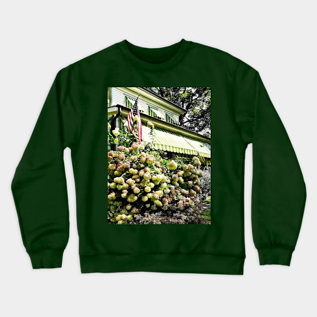 Belvidere NJ - White Hydrangeas and Green Striped Awning Crewneck Sweatshirt by SusanSavad